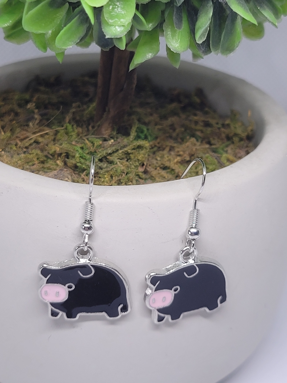 Black Pig Dangle Earrings with Pink Snout